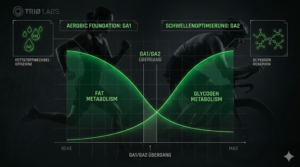 Grafische Analyse für GA1 GA2 Training im Triathlon von TRIØ Labs: Darstellung der metabolischen Kurve beim Übergang von Fettstoffwechsel zu Glykogenstoffwechsel