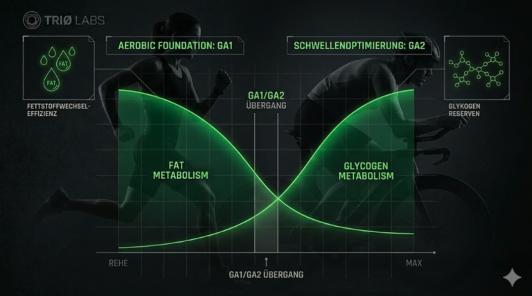 Grafische Analyse für GA1 GA2 Training im Triathlon von TRIØ Labs: Darstellung der metabolischen Kurve beim Übergang von Fettstoffwechsel zu Glykogenstoffwechsel