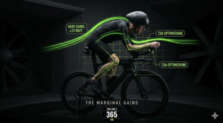 Wissenschaftliche Darstellung eines Triathleten im Windkanal zur aerodynamischen Analyse und Marginal Gains Optimierung des Widerstandsbeiwerts.