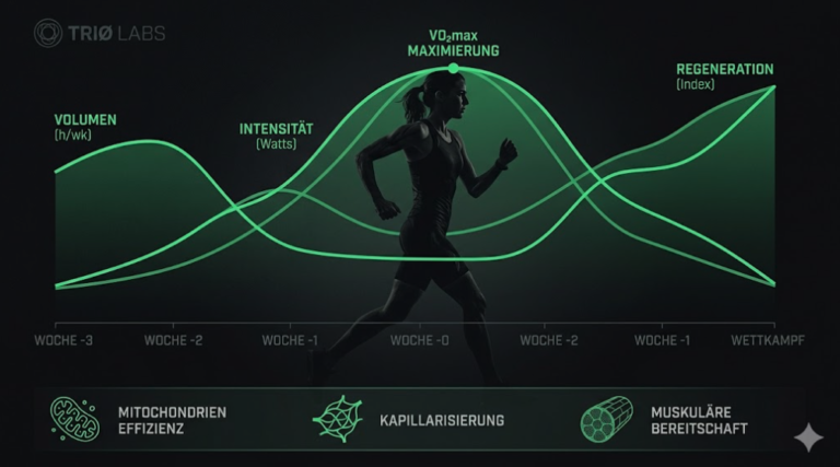 Wissenschaftliche Grafik zur Tapering-Optimierung im Triathlon: Darstellung der Kurven für Trainingsvolumen, Intensität und Regenerations-Index im zeitlichen Verlauf zum Wettkampf.