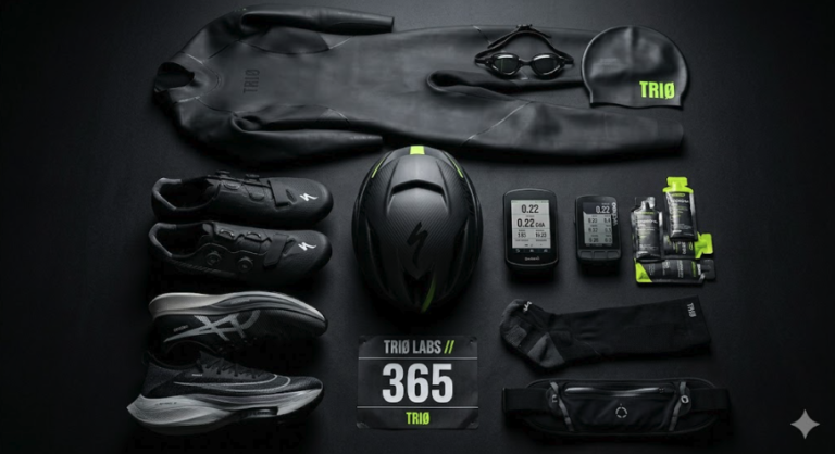 Vollständiges TRIØ System-Setup: High-End Triathlon Ausrüstung im Detail-Scan für maximale Bio-Efficiency und CdA-Optimierung.